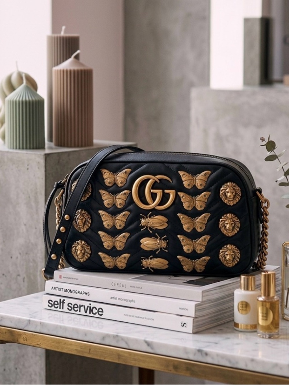 Gucci Black GG Marmont Quilted Crossbody with Gold Animal Embellishments